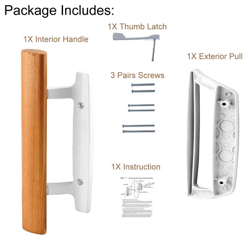 HauSun Mortise Style Reversible Sliding Patio Door Handle Set with Oak Wood Interior Handle and Exterior Pull in White Diecast Finish Fits 3-15/16â€ Screw Hole Spacing, Non-keyed with Latch Locks (White) - Image 3
